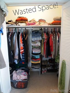 Those builder-basic closets with a single shelf are wasting SO MUCH SPACE. Above AND on the sides! Come see how to customize your closets with DIY Shelves to maximize storage! {Reality Daydream} Baskets, Custom Closet Shelving, Closet Transformation, Closet Shelving, Messy Closet, Organized Closet, Custom Closet, The Closet, Wardrobe Rack