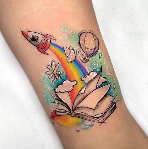 Reading Rainbow Tattoo, 40th Photoshoot, Stripe Tattoo, Rainbow Tattoo, Butterfly Tattoos On Arm, Book Tattoos, Red Heart Tattoos, Beetle Tattoo, Cowgirl Tattoos