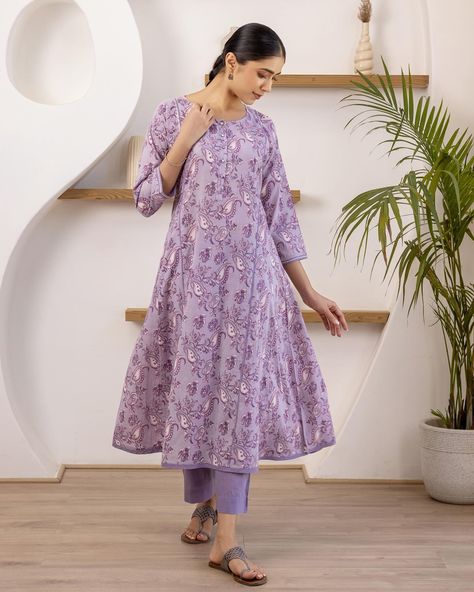 Summer 2024 - New arrivals! Featuring the graceful ‘twirl and swirl’ of paisleys on a tonal base, our Paisley Kalidar Kurta is a lavender dream! Find fresh new pieces from our latest collection at www.cottonsjaipur.com. [ Cottons Jaipur, Cotton, Lavender, Paisley, Handmade Kurtas, Everyday-wear, Summer staples ] #cottons #cottonsjaipur #newarrivals #floral #summer #summer2024 #handcraftedkurtas #comfortfits #cottonsuitset #summertime #summerstaples #lavender #paisley #solids #summerfloral... Cottons Jaipur, Cotton Lavender, Kalidar Kurta, Fashion Sketches Dresses, Sketches Dresses, Cotton Suit, Summer Staples, Summer Floral, Lookbook Outfits