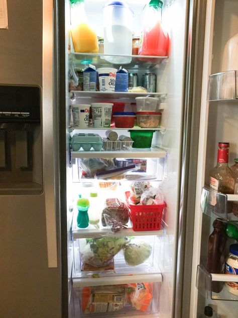 Fridge Organization For Side By Side, Organize Side By Side Refrigerator, Side By Side Fridge Organization Ideas, Organized Refrigerator Ideas, Fridge Side By Side, French Door Fridge Organization, Side By Side Fridge Organization, Narrow Refrigerator, Small Refrigerator Organization