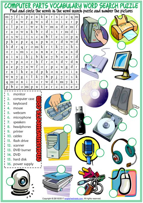Computer Parts ESL Word Search Puzzle Worksheet For Kids Technology Worksheets For Kids, Vocabulary Kindergarten, Computer Worksheet, Computer Activities For Kids, Vocabulary Games For Kids, Computer Lab Lessons, Dictionary For Kids, Presente Simple, Puzzle Worksheet
