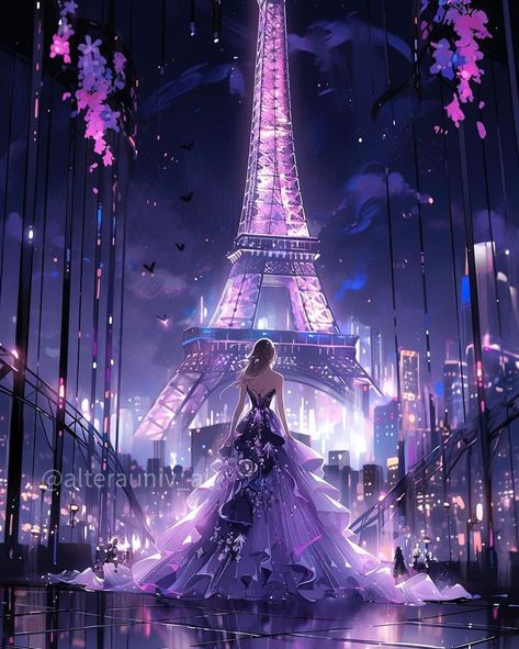 Altera | AI art on Instagram: “Futuristic Paris and Elegant Princess 🤍🩶🤍 ⠀ 🌸 For AI enhanced downloads and content please joint my patreon and Instagram subscription…” Purple Fantasy Outfit Art, Really Cool Wallpapers, Digital Art Programs, Purple Aesthetic Background, Disney Princess Artwork, Arte Doodle, Dreamy Artwork, Cute Mobile Wallpapers, Wallpapers Anime