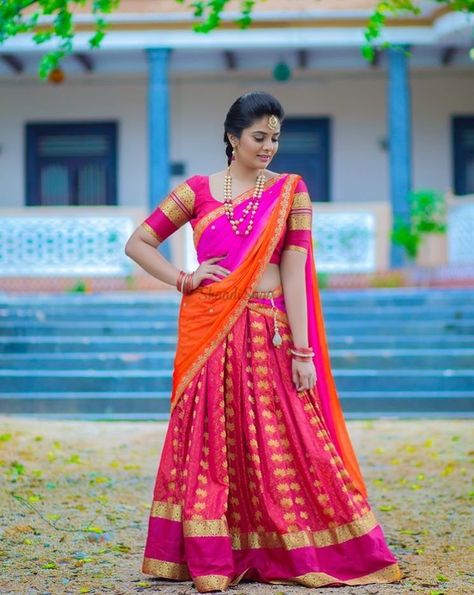 23 Elegant Saree Lehenga Designs For The South Indian Brides! | ShaadiSaga Saree Lehenga Designs, Lehenga Shoot, Celebrity Accessories, Lehenga Poses, Pink Half Sarees, South Indian Brides, Saree Function, South Indian Bride Saree, Half Saree Function