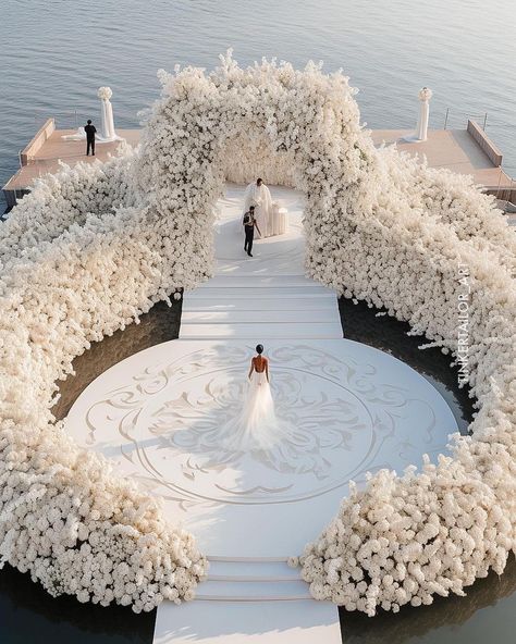 A work of ART ❤️! ✨ Picture this: a floating wedding, where the ocean becomes an aisle, and love sails gracefully into… | Instagram All White Wedding Party, Cabo Wedding Venues, Luxury Event Decor, Monochromatic Wedding, Elegant Wedding Ideas, Mumu Wedding, Dream Wedding Reception, Luxury Weddings Reception, Dream Wedding Decorations