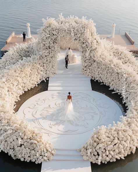 A work of ART ❤️! ✨ Picture this: a floating wedding, where the ocean becomes an aisle, and love sails gracefully into… | Instagram Versailles Wedding Theme, Billionaire Wedding, Luxury Event Decor, Monochromatic Wedding, Mumu Wedding, Dominican Republic Wedding, Dream Wedding Reception, Desain Buklet, Dream Wedding Decorations