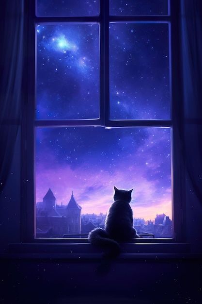 A cat sitting on a window sill looking o... | Premium Photo #Freepik #photo #moonlight #night #milky-way #night-sky View Through Window Painting, Cat Looking Out Window Painting, Looking Through Window Art, Night Illustration Moonlight, Night Sky From Window, Night Drawing Moonlight, Window Sill Aesthetic, Night Aesthetic Art, Good Night Anime