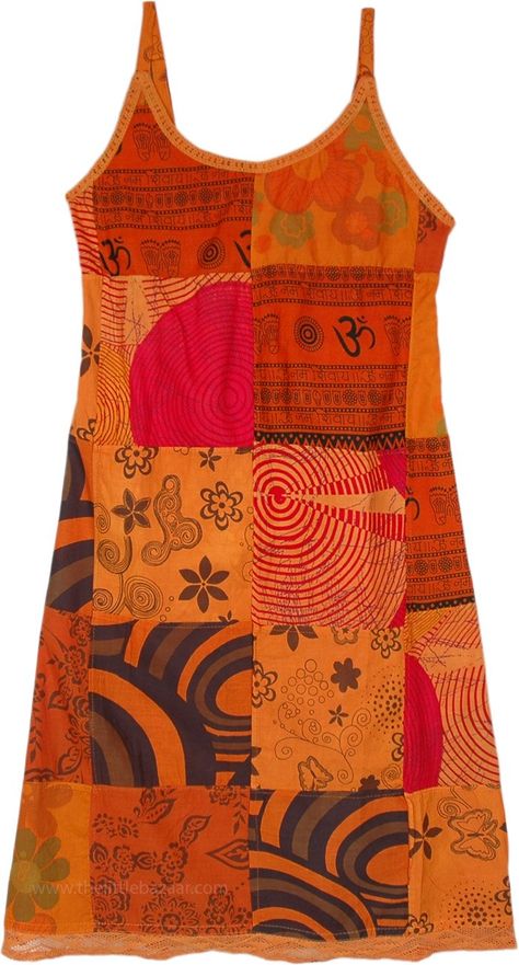 A beautiful, exotic, patchwork Indian cotton summer dress is the perfect addition for the season.  With its sleeveless style and knee-length straight fit, it is sure to keep you cool. #tlb #Sleeveless #Patchwork #vacationclothing #beachwrap #Floral #bohemianfashion #Indian #patchworkdress #hippiedress #kneelengthdress Vetement Hippie Chic, Weird Outfits, Shuffles Cutouts, Fitted Knee Length Dress, Orange Dress Summer, Sleeveless Cotton Dress, Festival Inspo, Hippie Stil, Mode Hippie