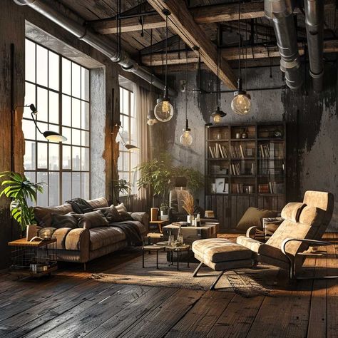 Transform Your Space with Industrial Living Room Design Ideas • 333+ Images • [ArtFacade] Rustic Industrial Farmhouse Living Room, Light Industrial Living Room, Industrial Lodge Decor, Industrial Reading Nook, Grey And Brown Home Decor, Industrial Bohemian Living Room, Modern Farmhouse Living Room Apartment, Industrial Theme Living Room, Vintage Industrial Decor Living Room