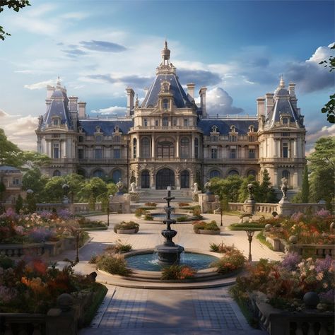 Rococo Castle Exterior, Castle Home Exterior, Fantasy Palace Exterior, Fantasy Mansion Minecraft, Castle Inspired Homes, Mansion Aesthetic Modern, Victorian Mansion Exterior, Modern Castle House, Fantasy Estate