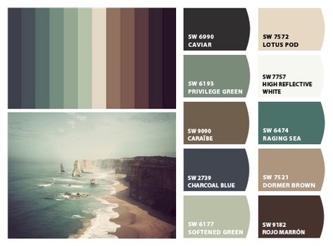 Brown And Aqua Living Room, Kelp Color Palette, Ocean Tones Colour Palettes, Blue Green Sand Color Palette, Green Ocean Color Palette, Blue Green Brown Black Color Palette, Sea Green Colour Palette, Sea Green Interior Design, Green And Blue Home Color Palette