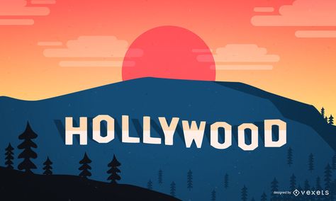 Hollywood illustration featuring the classic Hollywood sign over a sunset. Flat illustration for your projects! Hollywood Sign Illustration, Hollywood Sign Drawing, Hollywood Sign Painting, Oscar Illustration, Hollywood Landscape, Hollywood Drawing, Hollywood Illustration, Hollywood Painting, Hollywood Logo