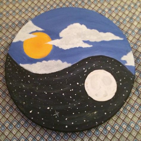 Sun And Moon Simple Painting, Easy Moon Painting Ideas On Canvas, Sun Moon Painting Easy, Moon And Sun Painting Easy, Sun And Moon Easy Painting, Moon And Sun Painting Canvases, Space Art Inspiration, Painting Ideas Moon And Sun, Circle Box Painting Ideas