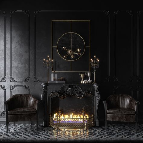 Black neoclassic interior design corner by yasmeen wassim Vampire Interior Design, Interior Design Corner, Yasmeen Wassim, Neoclassic Interior Design, Modern Palace, Goth Interior, Neoclassic Interior, Moody Interior Design, Gothic Living Room