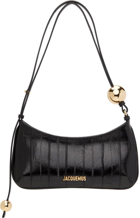 Find Jacquemus Black 'le Bisou Perle' Bag on Editorialist. Grained hagfish leather shoulder bag in black. · Beaded accents at adjustable shoulder strap · Logo hardware at face · Zip closure · Card slot at interior · Cotton twill lining · Logo-engraved gold-tone hardware · H5.5 x W10.5 Supplier color: Black Eel leather. Jacquemus Bag Outfit, Bag Branding, Black And Gold Purse, Black And Gold Outfit, Bags 2024, Shoulder Purses, Jacquemus Bag, Handbag Hardware, Mode Zara