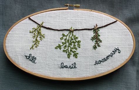 Herb Embroidery Patterns Free Printable, Basil Embroidery, Embroidery Rosemary, Herb Embroidery, Hanging Herbs, Embroidery Patterns Free, Handmade Embroidery, Embroidery Hoop Art, Hoop Art