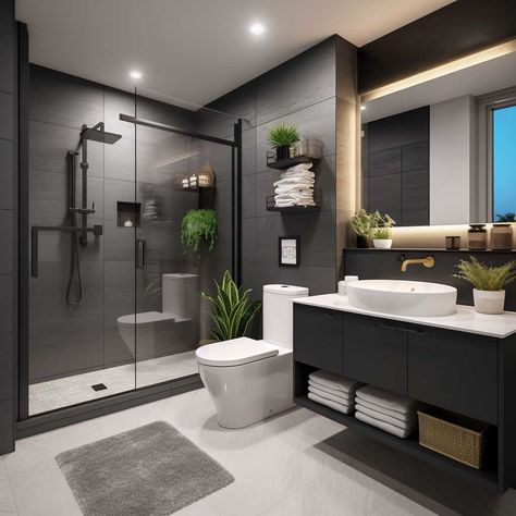 Modern House Design Bathroom, House Interior Black And White, Small Interior House Design, Toilet And Bathroom Design Modern, Small Modern House Interior, Modern Restroom Ideas, Modern House Design Interior 2024, Dark Bathroom Ideas Modern, Black Aesthetic Bathroom