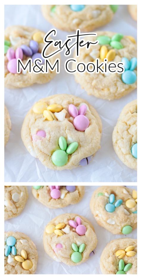 You won't find a more festive cookie for spring than these Easter M&M cookies complete with M&M bunnies and white chocolate chips! Easter Sugar Cookies M&m, Pastel M&m Cookies, Easter Mnm Cookies, Easter Cookies With M&ms, M&m Cookies Easter, Monster Easter Cookies, Easter M And M Cookie Bars, Easter M M Chocolate Chip Cookies Recipe, Easter Mm Cookies