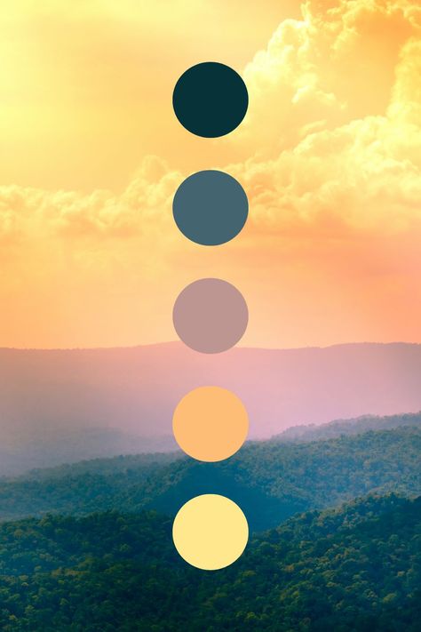 A beautiful color palette based on the mountains and evening skies Indigo And Yellow Color Palette, Mauve And Yellow Color Palette, Mountain Sunrise Color Palette, Royal Pallete Color, Orange And Yellow Colour Palette, Sunshine Colour Palette, Freedom Color Palette, Soft Yellow Palette, Brand Color Palette Yellow