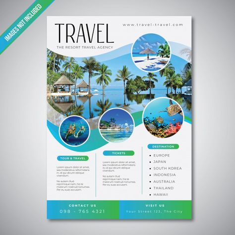 Travel and tourism flyer with blue sea color template Premium Vector Travel Page Design, Tourism Flyer, Tourism Brochure Design, Travel Brochure Design, Tourism Brochure, Tourism Design, Travel Flyer, Travel Website Design, Color Template
