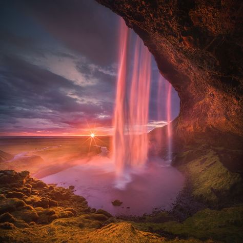 Waterfall Sunset, Sunset Waterfall, Water Pouring, Tapestry Ideas, Seljalandsfoss Waterfall, Dreamy Places, Waterfall Paintings, Iceland Waterfalls, Small Window