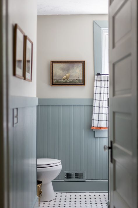 Half Wall Pannel Ideas Bathroom, Historical Home Bathroom, Painted Trim In Bathroom, Bathroom Painted Beadboard, Bathroom With Beadboard Ceiling, Bathroom With Molding Wainscoting, Small Beadboard Bathroom, Painted Beadboard Walls Bathroom, Bathroom Remodel With Beadboard