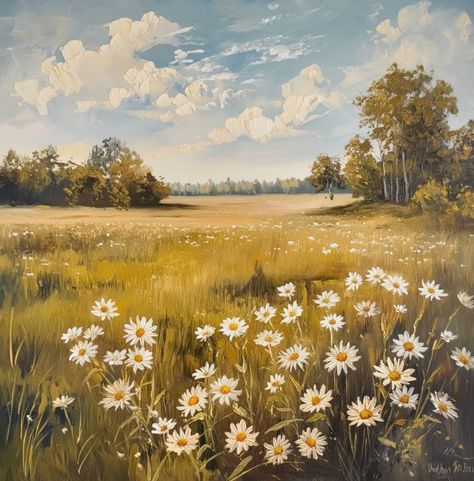 Oil painting of a field with daisies - Maxleron Daisy Pictures Flower, Chamomile Flower Painting, Flowers And Grass Painting, Daisy Field Drawing, Painting Of Field Of Flowers, Daisy Gouache Painting, Field Of Daisies Painting, Flower Field Mural, Horse In Field Painting