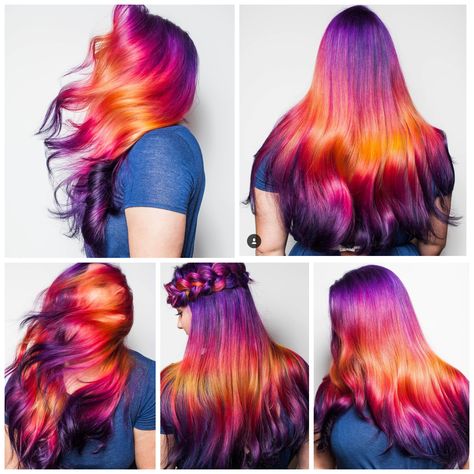 Reverse Sunset Hair, Desert Sunset Hair, Hair Dyes Ideas, Sunrise Hair Color, Sunset Hair Color Ombre, Sunset Ombre Hair, Creative Hair Color Placement, Glitch Hair, Gradient Hair Color