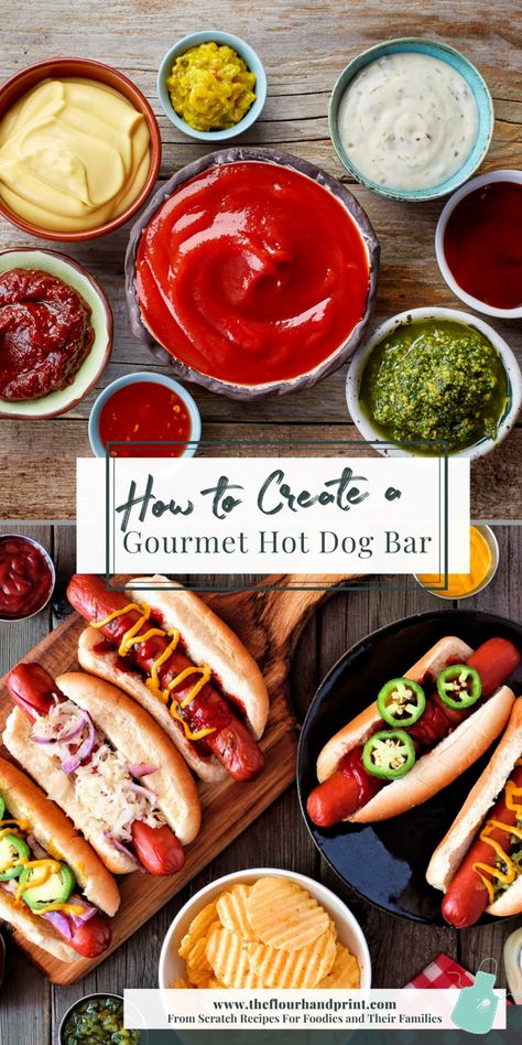 Are you tired of the standard ketchup and mustard on plain hot dogs? Learn how to create the ultimate gourmet hot dog bar with this huge guide! It includes ideas on creating delicious gourmet hot dog combos and tons of other suggestions for including variety through different styles of hot dogs, buns, toppings, and condiments. It’s a kid-friendly summer bbq buffet, great for birthday parties, and adults can have fun creating their favorite delicious combos too! Gourmet Hotdogs Bar, American Hotdogs Ideas, Hot Dog Bar Toppings List, Gourmet Hot Dog Bar Party Ideas, Hot Dog Combinations, Hot Dog Burger Bar, Hotdog Bar Ideas Party, Chicago Style Hot Dog Bar, Types Of Hot Dog Styles