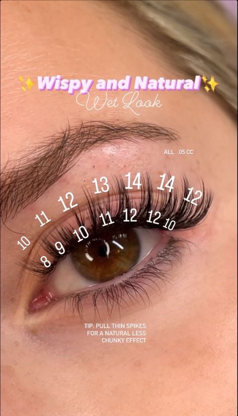 Wispy Eyelash Extensions Diy, Eyelash Wet Look, Kylie Jenner Lash Mapping, Lash Mapping With Spikes, Wispy Volume Mapping, Veyesbeauty Lash Map, Wispy Wet Set Lash Map, Eye Lash Extensions Styles Natural Wispy, Hybrid Lash Extensions Long