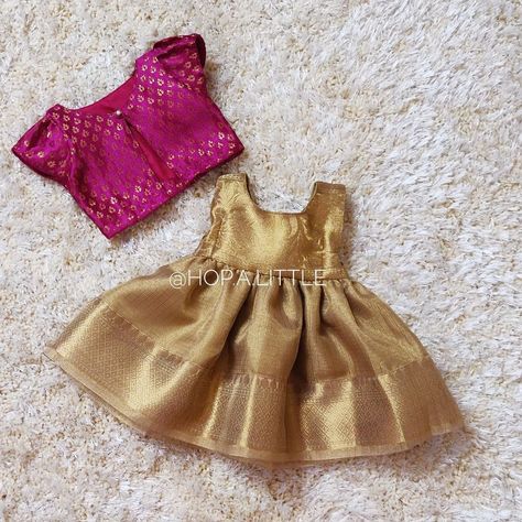 Hop A Little on Instagram: “And the festive fever isn't over yet😅 Tissue silk golden frock with a cute pink overcoat! DM to order! Code: GC01 #ethnickidswear…” Bd Dress, Small Girls Dress, Traditional Baby Dresses, Silk Frock, Kids Dress Collection, Frocks Design, Kids Blouse Designs, Baby Frock Pattern