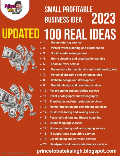 1. Online tutoring service
2. Virtual event planning and coordination
3. Social media management
4. Home cleaning and organization service
5. Food delivery service
6. Online store for handicrafts and traditional goods
7. Personal shopping and styling service
8. Website design and development
9. Graphic design and branding services
10. Pet grooming and pet-sitting service 100 Business Ideas, List Of Small Business Ideas, Future Business Ideas, Business Services Ideas, Service Business Ideas Startups, Best Small Business Ideas 2023, Small Town Business Ideas Shops, Cash Business Ideas, Start Up Business Ideas For Women