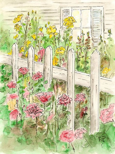 Rose Garden Art, Flower Garden Drawing, Flower Garden Art, Garden Illustration, Garden Watercolor, Garden Drawing, Summer Painting, Art Aquarelle, 수채화 그림