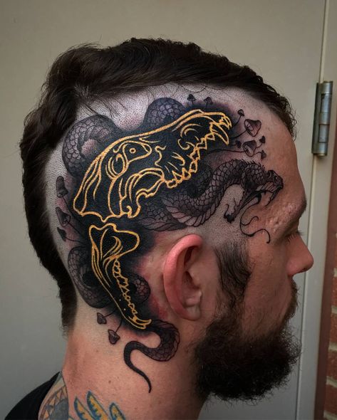 Tattoo artist Jake Gordon, authors style color traditional tattoo with black ornamentalistic background | USA Scalp Tattoo, Create A Tattoo, Famous Tattoo Artists, Samurai Tattoo Design, Scar Tattoo, Water Tattoo, Head Tattoo, Snake Tattoo Design, Muster Tattoos