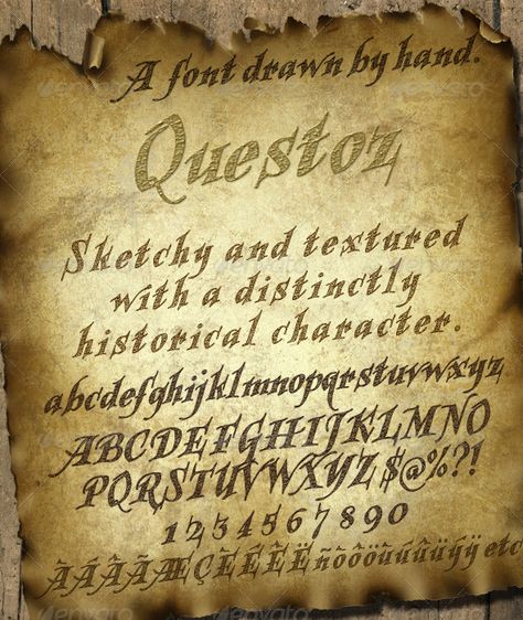 Questoz: Historical Lettering Font  #GraphicRiver         Another hand-drawn typeface, this time with an old fashioned feel. It has a sketchy texture and a strong italic style, and is chunky whilst keeping its lightness. This font is ideal for historical projects; old maps, posters and flyers about dragons and demons, treasure and travel. (The background in this preview can be found in my Paper & Stationery Collection, found on my profile page.)  	 Kerning was extremely difficult to work out in Historical Fonts, Hand Drawn Typeface, Wallet Art, Decorative Fonts, Lettering Font, Professional Fonts, Lettering Alphabet Fonts, Website Logo, Web Layout Design