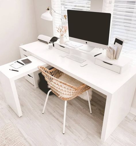 IKEA white minimalist pull out desk Ikea Malm Desk, Linnmon Desk, Ikea Desk Hacks, Desk For Two, Ikea Desk Hack, Desk Hacks, Mobile Desk, Sleek Desk, Desk Solutions