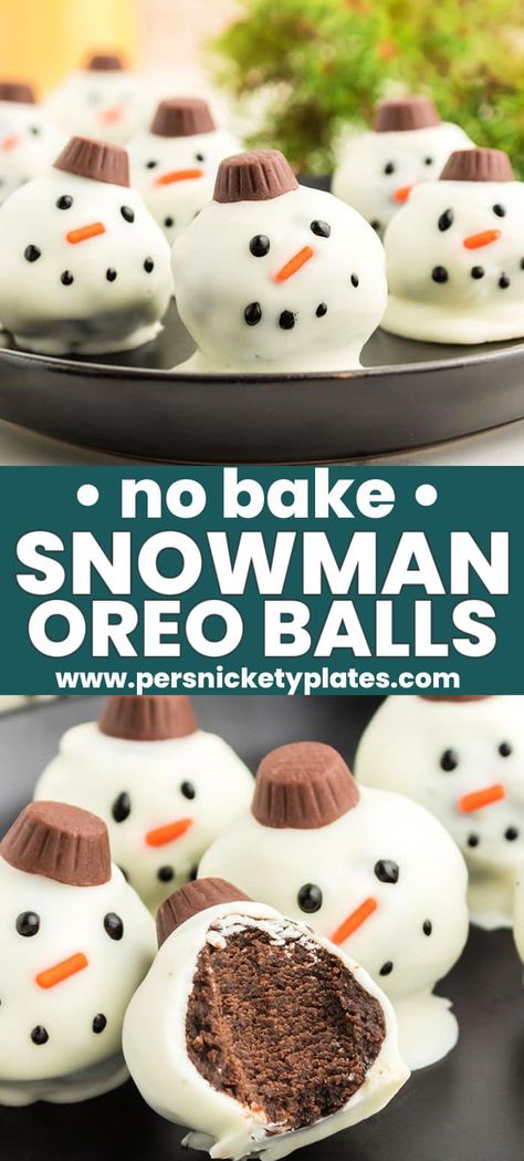 Festive Snowman Oreo balls are impressive, adorable and so much fun to make! With just minutes of prep time and a few simple ingredients, these fudgy no-bake truffles are ready to serve in no time. They're the perfect addition to any holiday dessert table! Oreo Christmas Balls, Turtle Oreo Balls, Melted Snowman Oreo Balls, Christmas Truffle Balls, Holiday Oreo Balls, Work Party Desserts, Easiest Christmas Desserts, Christmas Oreo Truffles, Oreo Snowman Balls