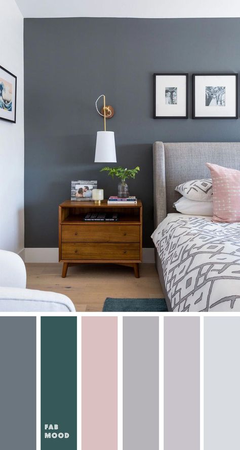 Bedroom color scheme ideas will help you to add harmonious shades to your home which give variety and feelings of calm. From beautiful wall colors... Color Shade For Bedroom, Bedroom Back Wall Colour, Grey Bedroom Colour Scheme, 1 Wall Painted Bedrooms, Bedroom Colors Calming, Colour Of Bedroom Walls, Grey Colour Bedroom Ideas, Dark Grey And Pink Bedroom Ideas, Grey Furniture Bedroom Ideas Colour Schemes