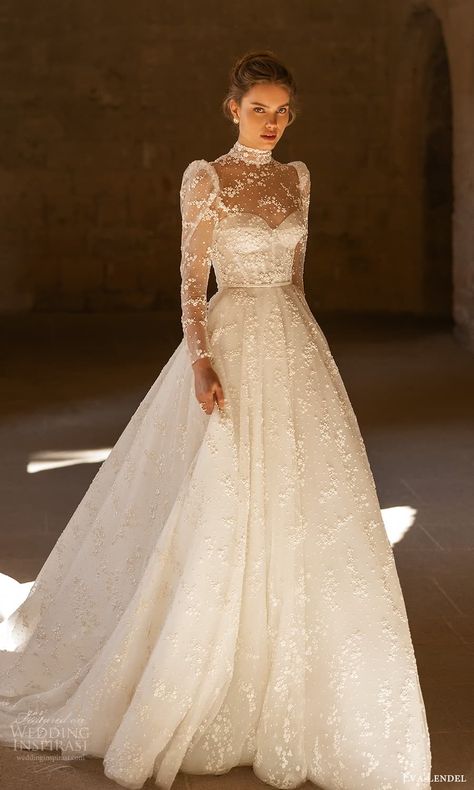 Ball Gown Evening Dress, Wedding Dresses Long Neck, A Line Gown Wedding, Dream Dresses Ball, Wedding Dresses Eva Lendel, 2023 Bridal Gowns With Sleeves, Wedding Gown White Brides, Embellished A Line Wedding Dress, High Neck Sheer Wedding Dress