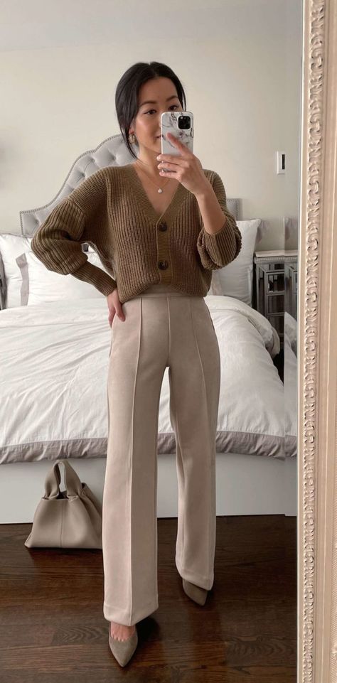 Brown cardigan and slacks Sweater And Slacks Outfit, Dress Slacks Outfit, Beige Cardigan Outfit, Brown Cardigan Outfit, Cropped Cardigan Outfit, Business Casual Sweater, Slacks Outfit, Dress Pants Outfits, Business Casual Outfits For Work