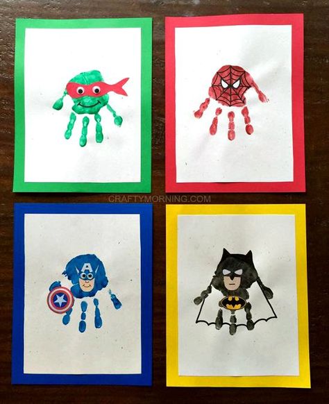 Amazing Superhero Handprint Crafts for Kids (Ninja turtles, spiderman, captain america, batman and more!) - Crafty Morning Footprint Art, Handprint Art, Superhero Vbs, Superhero Crafts, Handprint Crafts, Crafts For Boys, Camping Crafts, Baby Crafts, Art Activities