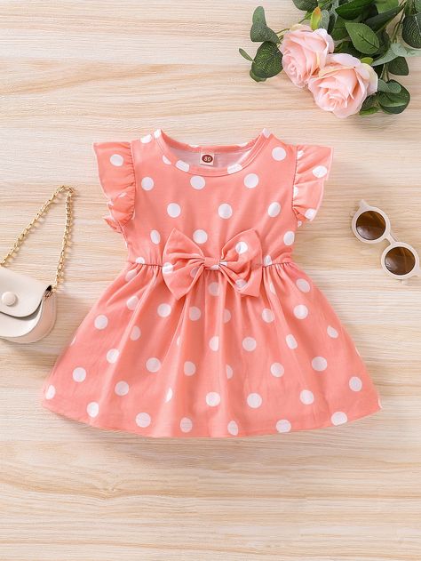 Coral Pink Cute  Cap Sleeve Polyester Polka Dot A Line Embellished Medium Stretch Summer Baby Clothing Pink Baby Dresses, Newborn Baby Dress Design, Baby Girls Summer Dresses, Newborn Baby Girl Dresses, Newborn Baby Dress, Pink Baby Dress, Newborn Baby Dresses, Frocks For Babies
