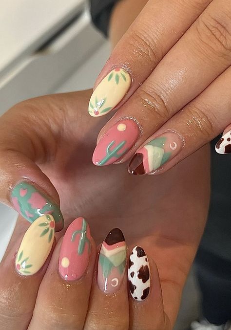 Pastel Western_ Pink Boho Nail Designs, Nail Art Neutral Colors, Cowboy Nails Design Cowgirl, Desert Themed Nails, Arizona Inspired Nails, Cactus Western Nails, Fun Western Nails, Stagecoach Nail Ideas, Country Nails Ideas