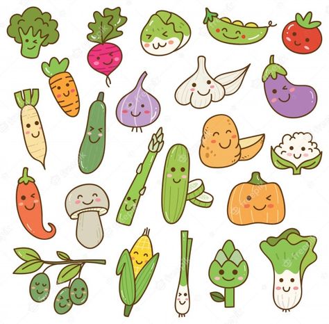 Premium Vector | Set of kawaii vegetables Kawaii Vegetables, Vegetable Drawing, Vegetable Cartoon, Seni Pastel, Food Doodles, 동화 삽화, Cute Food Drawings, Kawaii Doodles, Cute Doodle Art