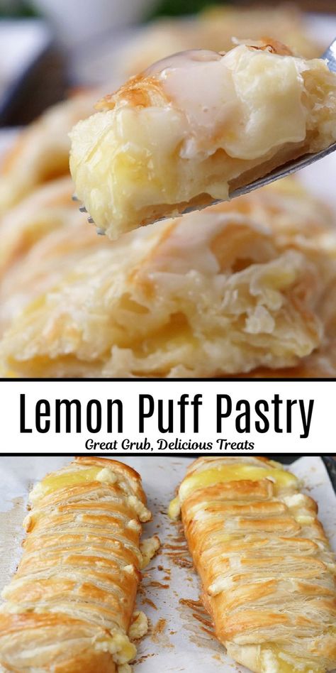 A double collage photo of lemon puff pastry. Lemon Puff Pastry, Sweet Puff Pastry Recipes, Recipes Dessert Easy, Sweet Puff Pastry, Puff Pastry Recipes Dessert, Easy Puff Pastry Recipe, Cream Cheese Puff Pastry, Pastries Recipes, Pastries Recipes Dessert