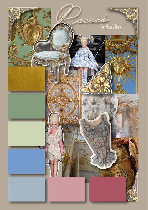 Rococo moodboard Croquis, Design Fashion Aesthetic, Fashion Illustration Moodboard, Mood Boards Aesthetic Fashion Design, Fashion Colour Palette Mood Boards, Rococo Aesthetic Fashion Modern, Rococo Fashion Modern Style, Baroque Mood Board, Fashion Moodboard Portfolio