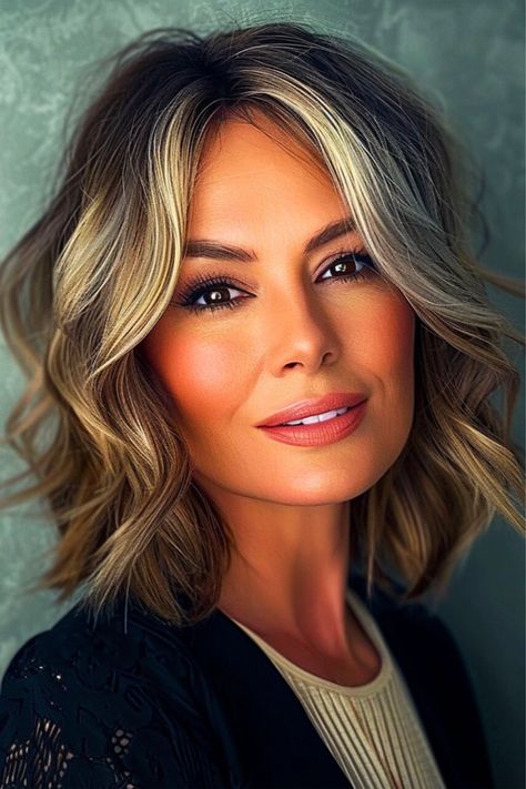 Gentle waves and a cascading brunette balayage give this hairstyle a soft, romantic feel. The cut is tailored to create movement and volume thanks to the soft layers, making it a sophisticated choice that's effortlessly stylish. Click here to see more stunning medium-length hairstyles for women over 60. Shoulder Length Hair 50 Year Old, Hair Styles For Women In Their 40 S, Hairstyles Over 40 Women, Shoulder Length Bobs For Fine Hair, Waved Hairstyle, Shoulder Length Hair Styles For Women, Simply Hairstyles, Shoulder Length Bob Haircut, Choppy Bob Hairstyles For Fine Hair