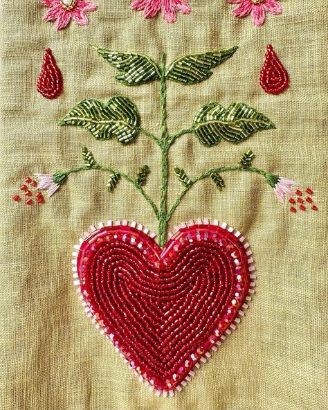 All Posts • Instagram Beads Work Embroidery Design, Beaded Embroidery Ideas, How To Embroider Beads, Beaded Embroidery Shirt, Heart Textiles, Small Embroidery Ideas, Marigold Embroidery, World Embroidery, Beaded Shirt