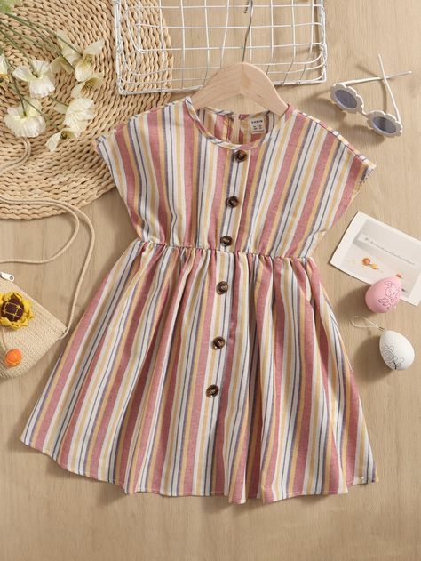 Multicolor Casual  Cap Sleeve Polyester Striped A Line Embellished Non-Stretch Summer Toddler Girls Clothing Kids New Model Dress, A Line Frock For Kids, Summer Frock Designs, Girls Top Design, Batwing Sleeve Dress, Crochet Frock, Kids Summer Dresses, Kids Wear Girls, Kids Dress Collection