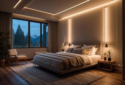 Dive into our ultimate guide at https://lovelyroomscapes.com/everything-you-need-to-know-about-bedroom-led-lighting-ideas and unlock the secrets to a beautifully lit bedroom. From cozy under-bed glows to dynamic ceiling effects, discover innovative LED lighting ideas that blend style, functionality, and ambiance to create your perfect nighttime retreat. Start reimagining your bedroom's atmosphere today! Ceiling Led Lights Bedrooms, Dark Bedroom With Led Lights, Led Ceiling Lights Bedrooms, Ambient Bedroom Lighting, Bedroom Ceiling Lights Ideas Master, Light Under Bed, Bedroom Led Lighting Ideas, Led Lights Bedroom Ceiling, Bedroom Mood Lighting