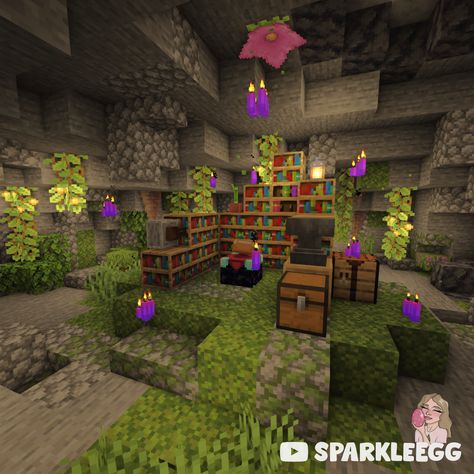 My enchanting cave in my 1.20 let's play world ✨ Check out my let's play on YouTube @ SparkleEgg :) #minecraft #aestheticminecraft #enchantmentsetup #cutemincraft #cute #aesthetic Cave Room Minecraft, Cool Enchanting Room Minecraft, Enchantment Cave Minecraft, Mincraft Idea Enchanting Room, Minecraft Cave Decoration Ideas, Lush Cave Enchanting Room Minecraft, Minecraft Cave Enchantment Room, Cute Cave House Minecraft, Underground Cave House Minecraft